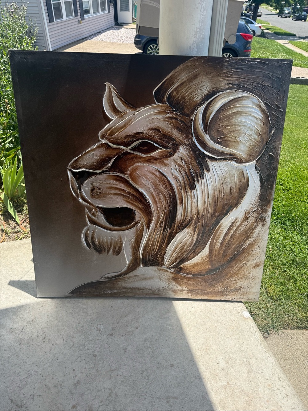 Hand-Painted Brown and White Lion Canvas Wall Art